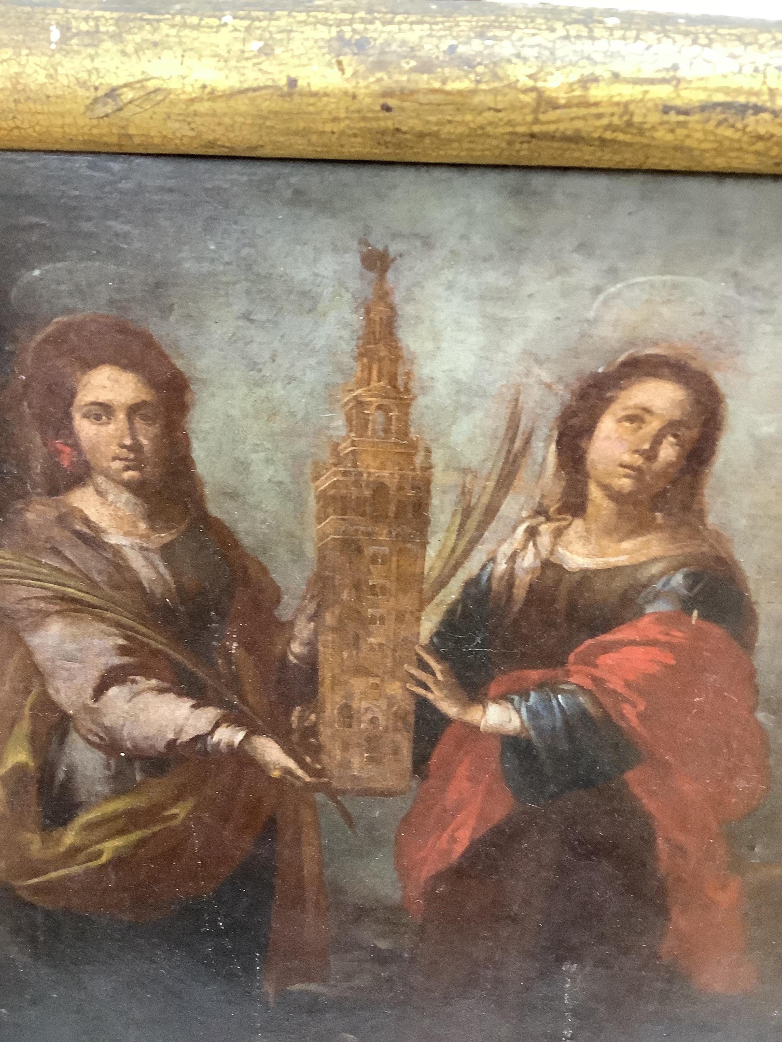 After Murillo (1618-1682), over painted print on canvas, ‘St Justa and St Rufina’, 28 x 23cm. Condition - fair